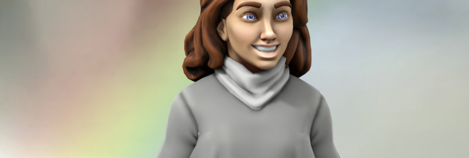 3D model of teenage girl with long wavy brown hair and bright eyes, wearing a plain grey full length robe tied at the waist.