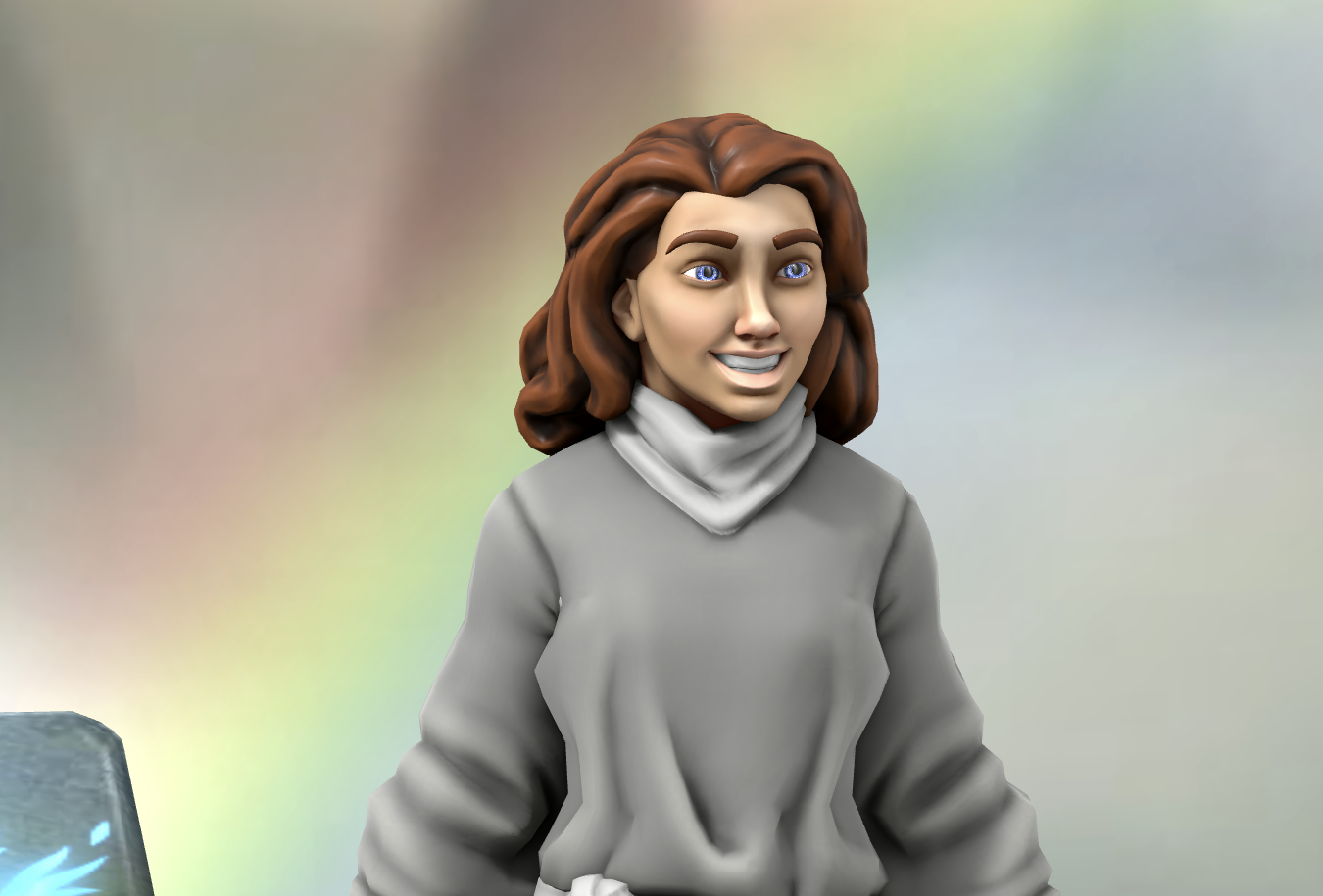 3D model of teenage girl with long wavy brown hair and bright eyes, wearing a plain grey full length robe tied at the waist.