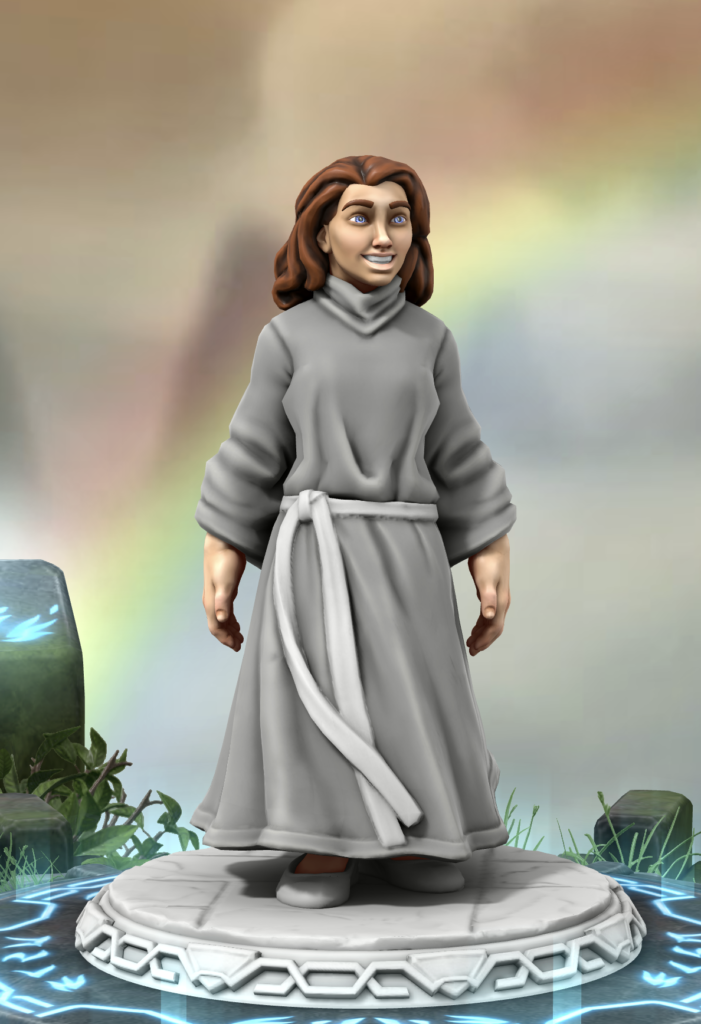 3D model of teenage girl with long wavy brown hair and bright eyes, wearing a plain grey full length robe tied at the waist.