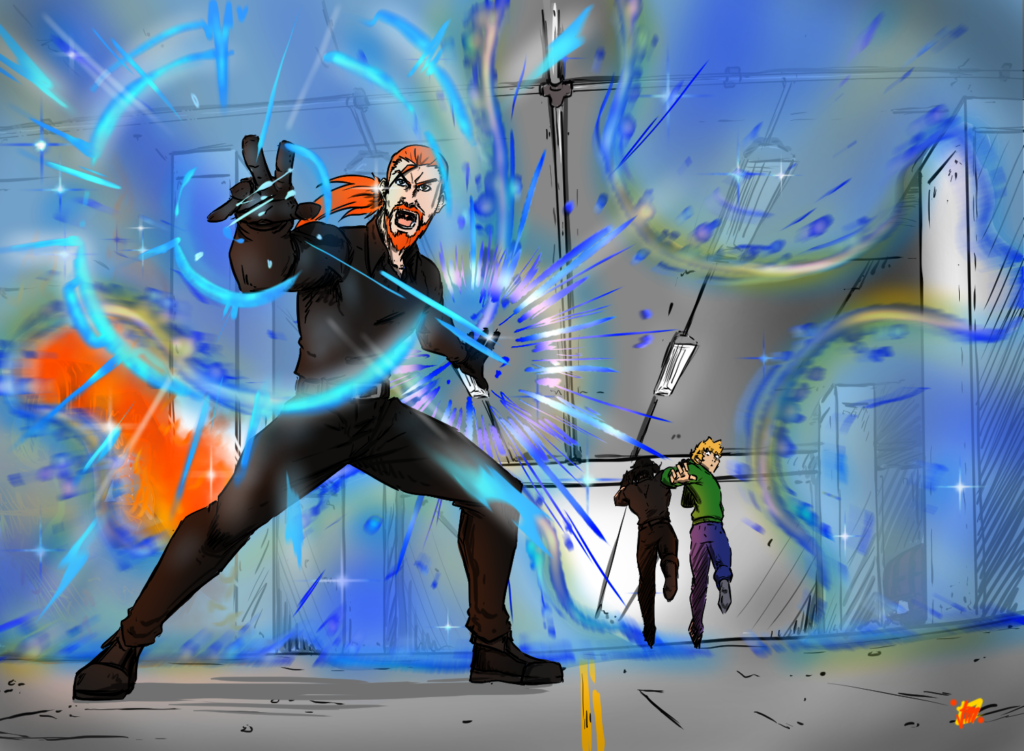 graphic art illustration: man with long red hair projecting a magical shield while another man and a teen escape in the distance