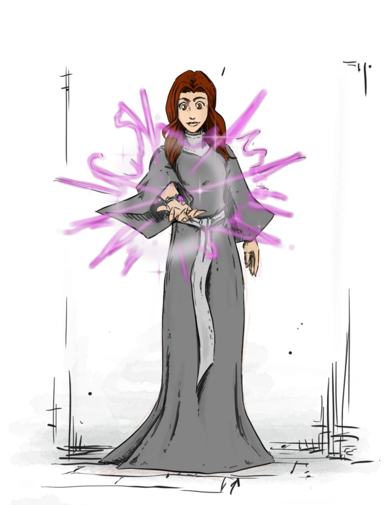 Character sketch of teenage girl with long auburn hair, wearing a grey mage robe. Her hand it outstretched and is emitting purple magic aura